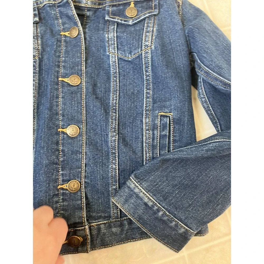 EUC Lands End Trucker‎ Jacket Stretch Denim Youth Girl Size M 10-12 Dark Blue
